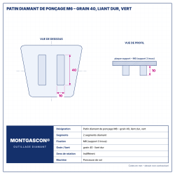 Plan technique coté – Patin diamant de ponçage M6 Montgascon® – grain 40, liant dur, vert