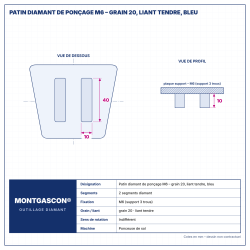 Plan technique coté – Patin diamant de ponçage M6 Montgascon® – grain 20, liant tendre, bleu
