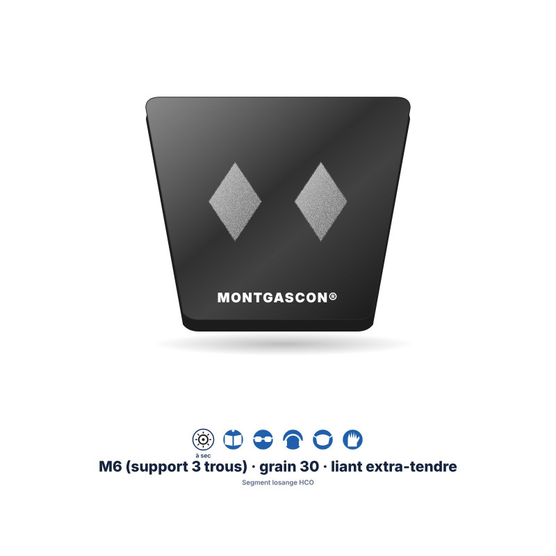 Patin diamant de ponçage M6 Montgascon® – segment losange hco, grain 30, liant extra-tendre, noir