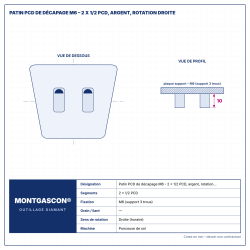 Plan technique coté – Patin PCD de décapage M6 Montgascon® – 2 x 1/2 PCD, argent, rotation droite