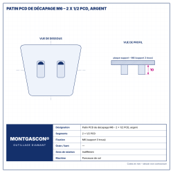 Plan technique coté – Patin PCD de décapage M6 Montgascon® – 2 x 1/2 PCD, argent