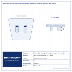 Plan technique coté – Patin PCD de décapage M8 / changement rapide Montgascon® – PCD split (2 segments 40 x 10 x 10 mm), argent
