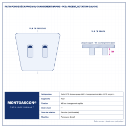 Plan technique coté – Patin PCD de décapage M8 / changement rapide Montgascon® – PCD, argent, rotation gauche