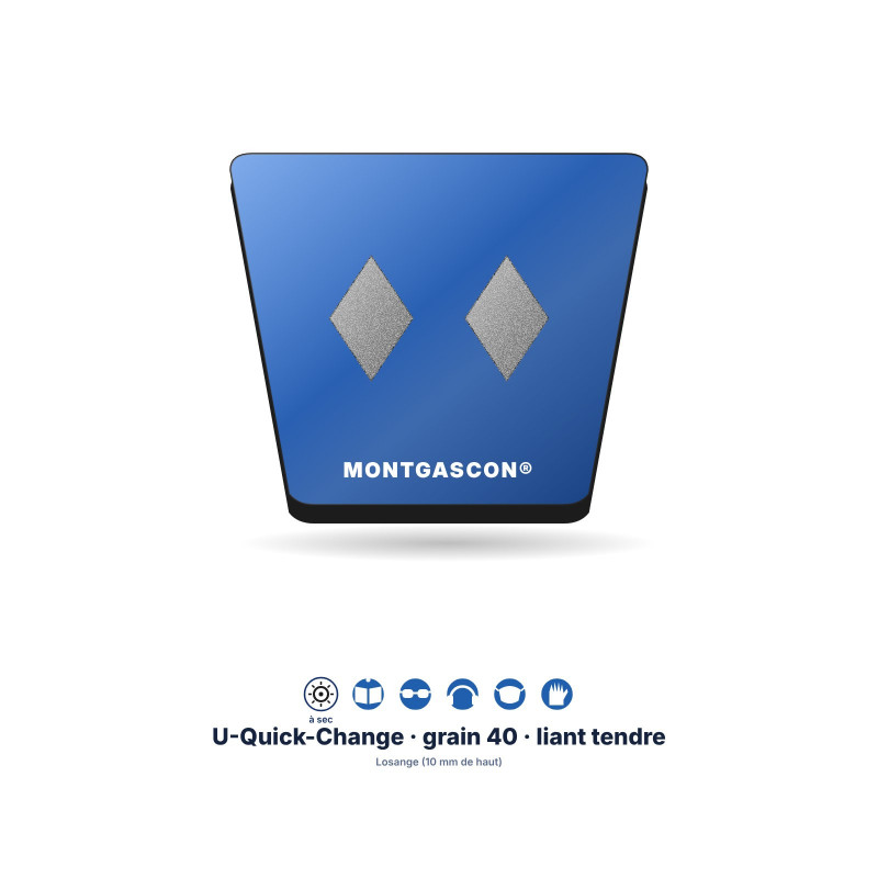 Patin diamant à fixation U (Quick-Change) Montgascon® – Losange (10 mm de haut), grain 40, liant tendre, bleu