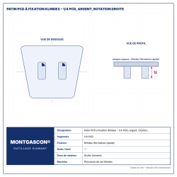 Plan technique coté – Patin PCD à fixation Klindex Montgascon® – 1/4 PCD, argent, rotation droite