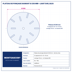 Plan technique coté – Plateau de ponçage diamant Ø 250 mm Montgascon® – liant dur, bleu
