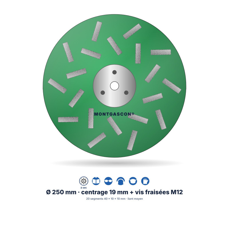 Plateau de ponçage diamant Étoile Ø 250 mm Montgascon® – 20 segments 40 x 10 x 10 mm, liant moyen, vert