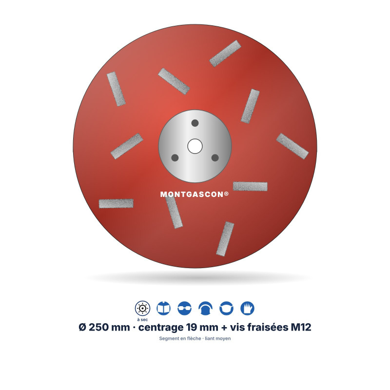 Plateau de ponçage diamant Étoile Ø 250 mm Montgascon® – Segment en flèche, liant moyen, rouge