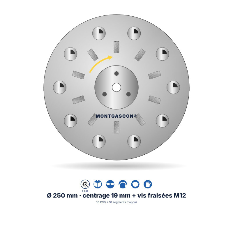 Plateau de ponçage PCD Étoile Ø 250 mm Montgascon® – 10 PCD + 10 segments d'appui, argent, rotation droite