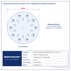Plan technique coté – Plateau de ponçage PCD Étoile Ø 250 mm Montgascon® – 10 PCD + 10 segments d'appui, argent, rotation droite