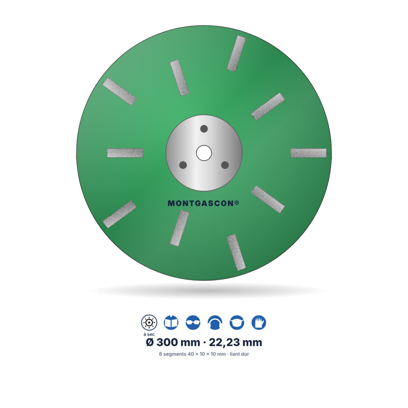 Plateau de ponçage diamant Ø 300 mm Montgascon® – 8 segments 40 x 10 x 10 mm, liant dur, vert