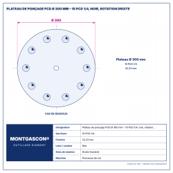 Plan technique coté – Plateau de ponçage PCD Ø 300 mm Montgascon® – 10 PCD 1/4, noir, rotation droite
