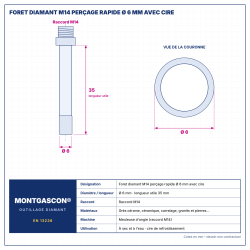 Plan technique coté – Foret diamant M14 Montgascon® perçage rapide Ø 6 mm avec cire