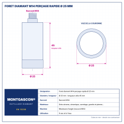 Plan technique coté – Foret diamant M14 Montgascon® perçage rapide Ø 25 mm