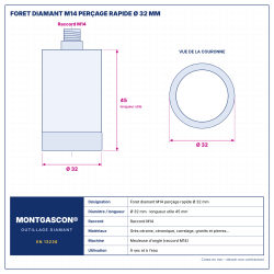 Plan technique coté – Foret diamant M14 Montgascon® perçage rapide Ø 32 mm