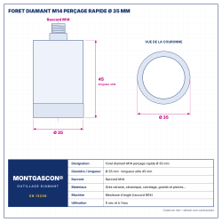 Plan technique coté – Foret diamant M14 Montgascon® perçage rapide Ø 35 mm