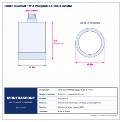 Plan technique coté – Foret diamant M14 Montgascon® perçage rapide Ø 40 mm