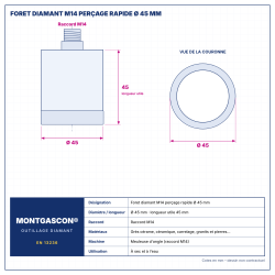 Plan technique coté – Foret diamant M14 Montgascon® perçage rapide Ø 45 mm