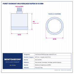 Plan technique coté – Foret diamant M14 Montgascon® perçage rapide Ø 55 mm