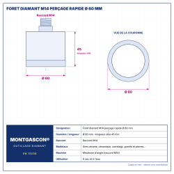 Plan technique coté – Foret diamant M14 Montgascon® perçage rapide Ø 60 mm