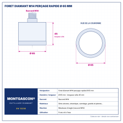 Plan technique coté – Foret diamant M14 Montgascon® perçage rapide Ø 65 mm