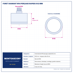 Plan technique coté – Foret diamant M14 Montgascon® perçage rapide Ø 82 mm