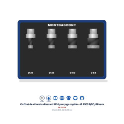 Coffret de 4 forets diamant M14 Montgascon® perçage rapide – Ø 25/35/50/68 mm