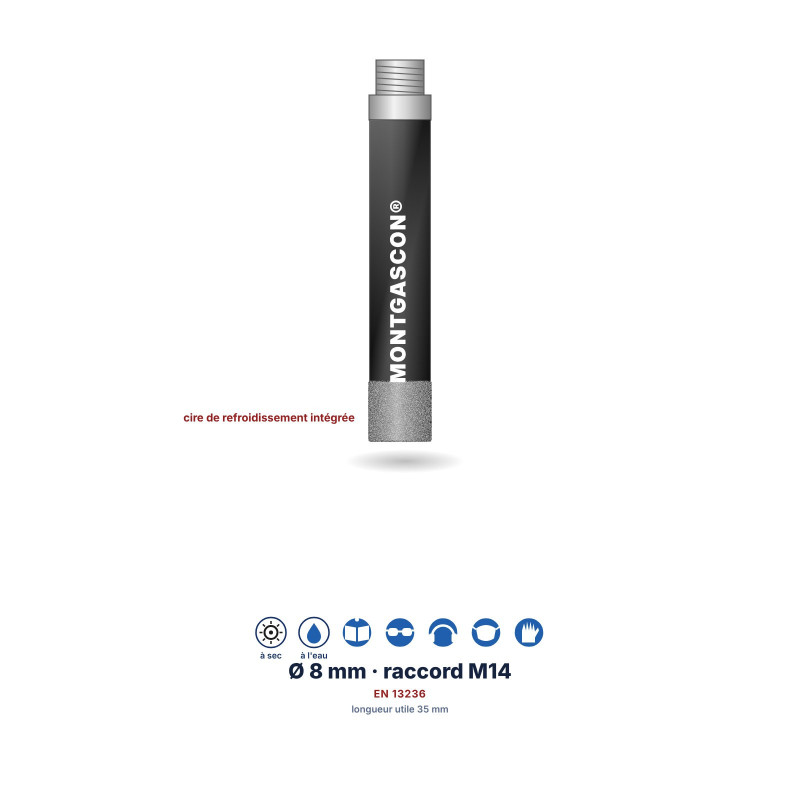 Foret diamant M14 Montgascon® à sec grès cérame Ø 8 mm avec cire (10 mm)