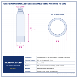Plan technique coté – Foret diamant M14 Montgascon® à sec grès cérame Ø 12 mm avec cire (10 mm)