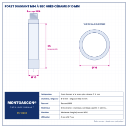 Plan technique coté – Foret diamant M14 Montgascon® à sec grès cérame Ø 10 mm