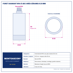 Plan technique coté – Foret diamant M14 Montgascon® à sec grès cérame Ø 25 mm