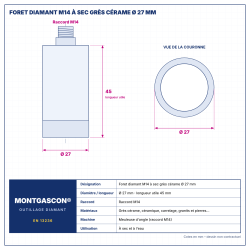 Plan technique coté – Foret diamant M14 Montgascon® à sec grès cérame Ø 27 mm