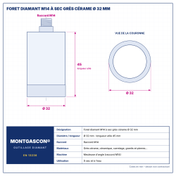 Plan technique coté – Foret diamant M14 Montgascon® à sec grès cérame Ø 32 mm