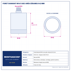 Plan technique coté – Foret diamant M14 Montgascon® à sec grès cérame Ø 42 mm
