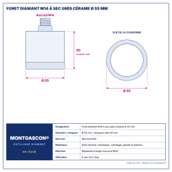 Plan technique coté – Foret diamant M14 Montgascon® à sec grès cérame Ø 55 mm