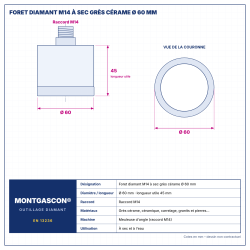 Plan technique coté – Foret diamant M14 Montgascon® à sec grès cérame Ø 60 mm