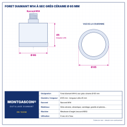 Plan technique coté – Foret diamant M14 Montgascon® à sec grès cérame Ø 65 mm