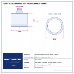 Plan technique coté – Foret diamant M14 Montgascon® à sec grès cérame Ø 68 mm