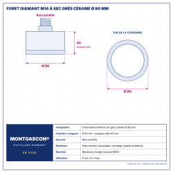 Plan technique coté – Foret diamant M14 Montgascon® à sec grès cérame Ø 90 mm