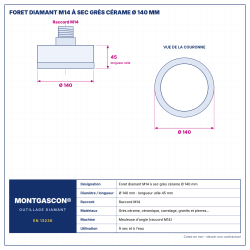Plan technique coté – Foret diamant M14 Montgascon® à sec grès cérame Ø 140 mm