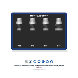 Coffret de 4 forets diamant M14 Montgascon® grès cérame – Ø 35/40/50/68 mm