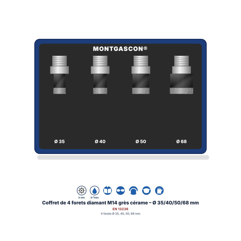 Coffret de 4 forets diamant M14 Montgascon® grès cérame – Ø 35/40/50/68 mm
