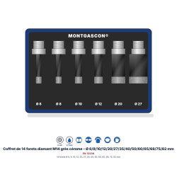 Coffret de 14 forets diamant M14 Montgascon® grès cérame – Ø 6/8/10/12/20/27/35/40/50/60/65/68/75/82 mm