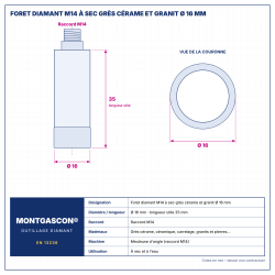 Plan technique coté – Foret diamant M14 Montgascon® à sec grès cérame et granit Ø 16 mm