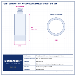 Plan technique coté – Foret diamant M14 Montgascon® à sec grès cérame et granit Ø 18 mm