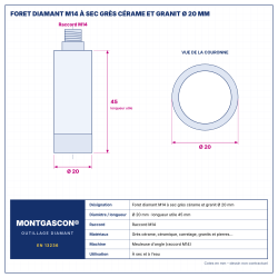Plan technique coté – Foret diamant M14 Montgascon® à sec grès cérame et granit Ø 20 mm