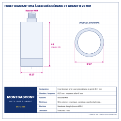 Plan technique coté – Foret diamant M14 Montgascon® à sec grès cérame et granit Ø 27 mm