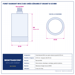 Plan technique coté – Foret diamant M14 Montgascon® à sec grès cérame et granit Ø 35 mm