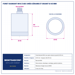 Plan technique coté – Foret diamant M14 Montgascon® à sec grès cérame et granit Ø 45 mm