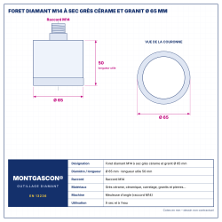 Plan technique coté – Foret diamant M14 Montgascon® à sec grès cérame et granit Ø 65 mm